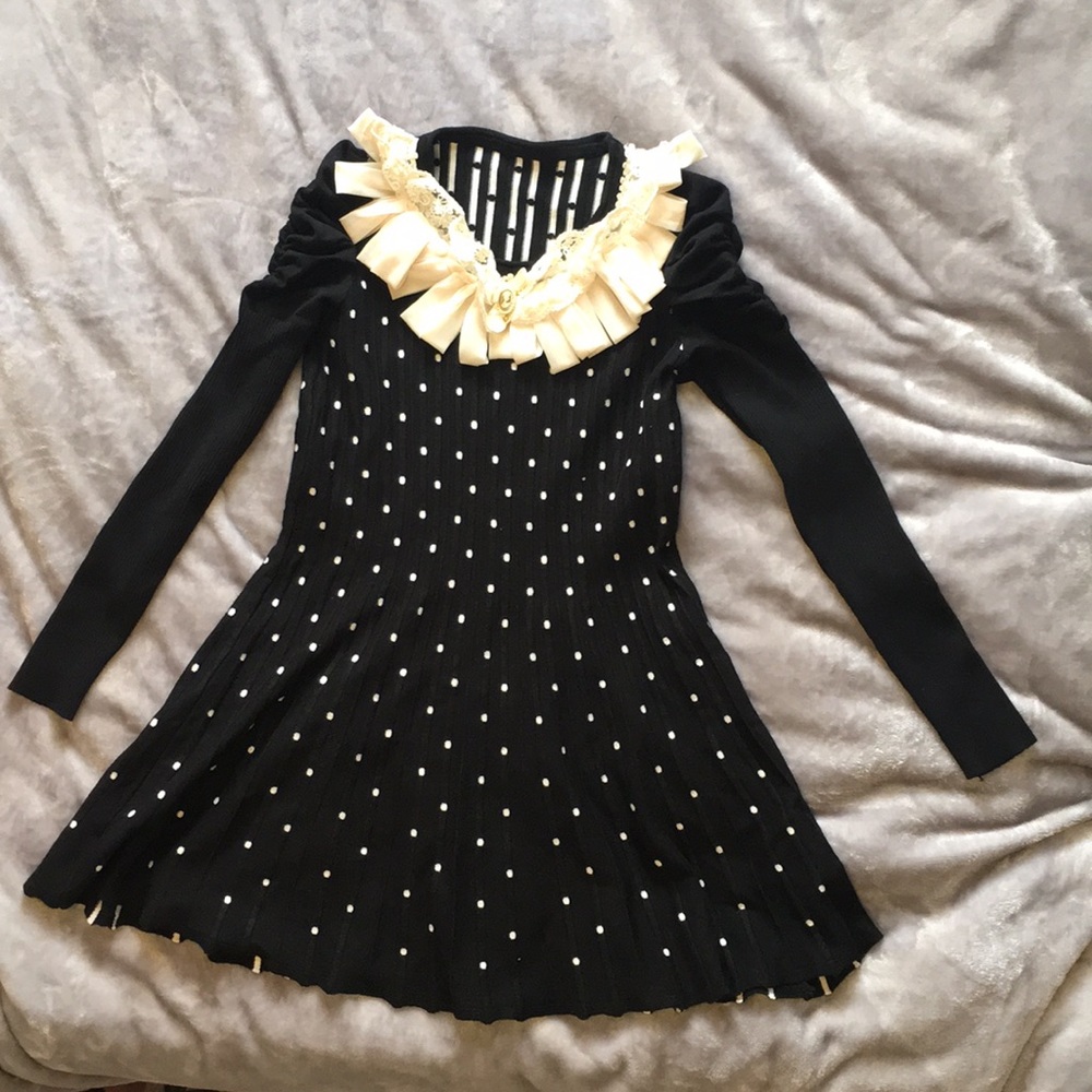 Vintage Black Sweater Dress with polka dots